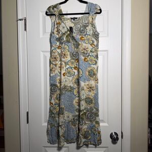 Sleeveless Summer Spring V neck Floral Patchwork Flowy Midi Dress Olive & Blue